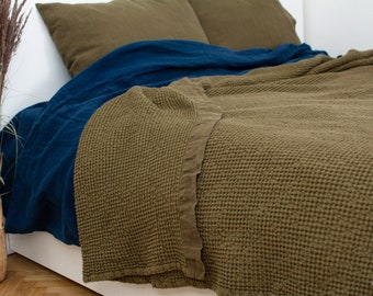 Waffle Linen Blanket In Khaki, Linen Throw Blanket, Bedspread, Linen Bed Throw, Linen Bedding, Linen Plaid, Linen Wrap, More Colours
