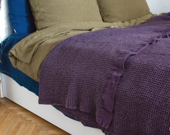 Waffle Linen Blanket In Purple Plum, Linen Throw Blanket, Bedspread, Linen Bed Throw, Linen Bedding, Linen Plaid, Linen Wrap, More Colours