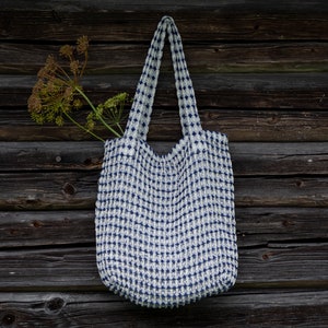 Linen Tote Bag in Blue-White, Reusable Linen Shoulder Bag, Linen Beach Bag, Linen Shopping Grocery Bag,Size 36/36 cm, Strap 58 cm,Linen Gift