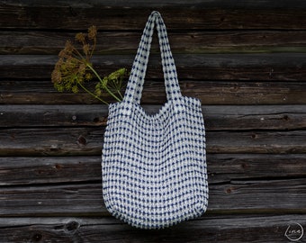 Linen Tote Bag in Blue-White, Reusable Linen Shoulder Bag, Linen Beach Bag, Linen Shopping Grocery Bag,Size 36/36 cm, Strap 58 cm,Linen Gift