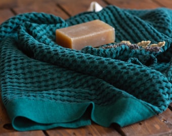 Waffle Linen Towel, Natural Linen Hand Towel, Bath Towel, Sauna Towel, High Quality Absorbent Towel, Bath Linens  | Colors: Green or Yellow