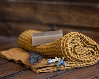 Yellow Waffle Linen Towel, Natural Linen Hand Towel, Bath Towel, Sauna Towel, High Quality Absorbent Towel, Colors: Green or Yellow