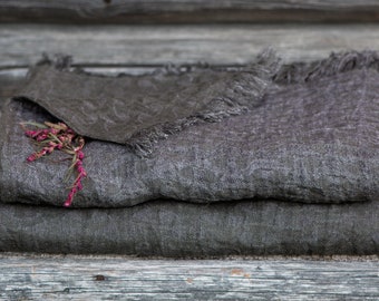 Rustic Linen Throw Blanet in Brown, Fringed Linen Cover Blanket, Summer Linen Cover, Natural Organic Flax, Bed Cover | One Size 141/205