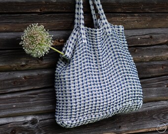 Linnen tote tas in blauw-wit, herbruikbare linnen schoudertas, linnen strandtas, linnen boodschappentas, maat 35/47 cm, riem 58 cm, linnen geschenk