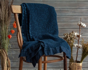 Coperta di lino Waffle in blu, Coperta di lino, Copriletto, Biancheria da letto, Biancheria da letto di lino, Plaid di lino, Involucro di lino, Più colori