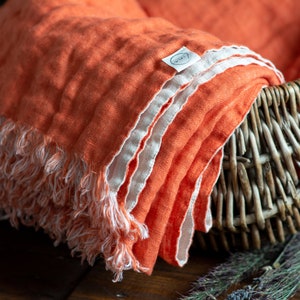 Orange-Gray Linen Throw Blanket, Double-sided, Soft Linen Plaid, Linen Fringed Blanket, Wrap Blanket, Soft Linen Cover | Size 140cm x 200cm