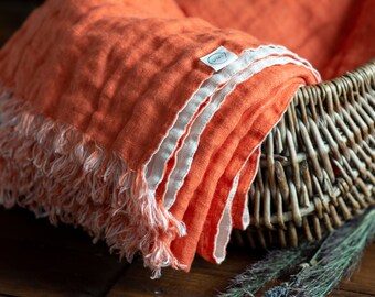 Orange-Gray Linen Throw Blanket, Double-sided, Soft Linen Plaid, Linen Fringed Blanket, Wrap Blanket, Soft Linen Cover | Size 140cm x 200cm