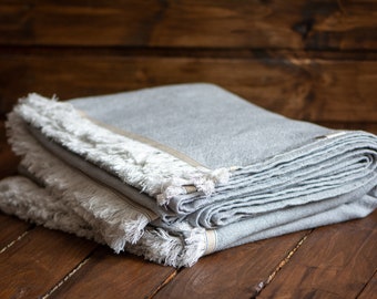Gray Linen Throw Blanet, Fringed Linen Cover Blanket, Summer Linen Cover, Natural Organic Flax Plaid, Linen Bed Cover | Size 140 cm x 200 cm