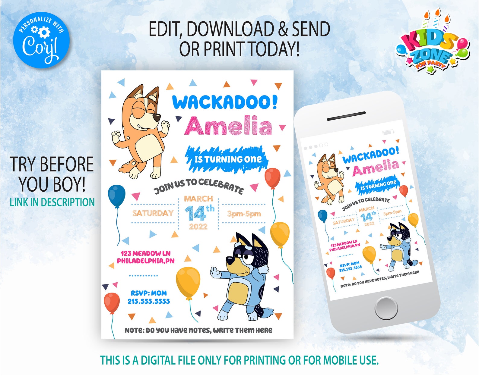 Bluey Birthday Party Invitation Template Printable for Boy Etsy