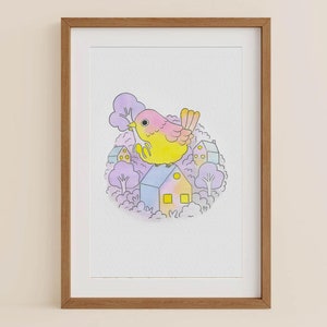 Cuadro original "El Destructor" Versión pájaro - Ilustración dibujada y pintada a mano - Tinta y acuarela sobre papel de 300g