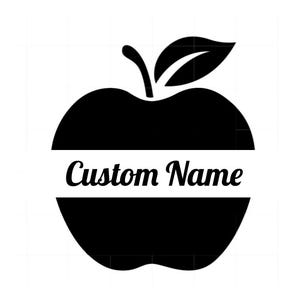 May include: Black and white silhouette of an apple with a leaf on top. The apple has a white banner across the middle with the text "Custom Name" in a black, cursive font.