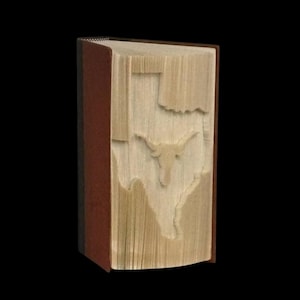Op de afbeelding: Een boek met de staat Texas gegraveerd in de pagina's. Het boek is bruin met een witte omtrek van de staat en een wit longhorn stierenhoofd.