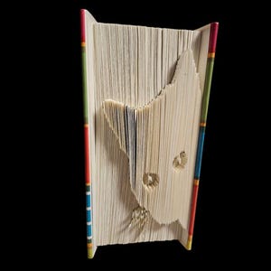 Op de afbeelding: Een boek met pagina's die zijn uitgesneden om een kattenomtrek te creëren. De randen van het boek zijn beschilderd met kleurrijke strepen. Het gezicht van de kat is zichtbaar, met uitgesneden ogen en neus. Het boek staat tegen een zwarte achtergrond.