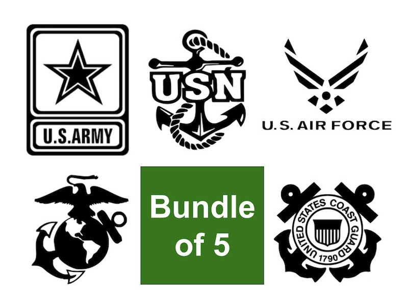 Puede incluir: Logotipos gr&aacute;ficos en blanco y negro del ej&eacute;rcito de los EE. UU., la marina, la fuerza a&eacute;rea, los marines y la guardia costera. El texto "Bundle of 5" est&aacute; en verde.