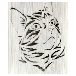 May include: A black and white line art illustration of a cat's head created by folding the pages of a book. The cat's head is facing to the right and the cat has large ears, a round face, and a small nose.