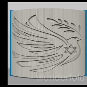 May include: A light gray cylindrical object with a carved design of a dove in flight, holding an olive branch and a Star of David. The word "wunderfold" is at the bottom of the object.