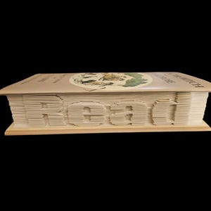 Könnte beinhalten: Ein Buch mit dem Wort "Read" in die Wirbelsäule gefaltet. Das Buch ist beige mit einer grünen und braunen Illustration auf dem Umschlag.