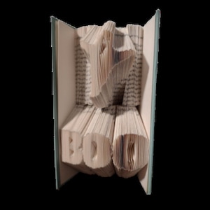 May include: A book art sculpture with the word "BOOK" folded into the pages. The book is open and the pages are folded into the shape of the letters. The book is brown and the pages are white.
