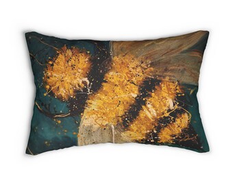 Bee Lumbar Pillow: Teal, Black & Yellow Throw Cushion