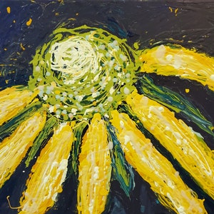 May include: Abstract painting of a sunflower with yellow petals and a green and white center. The background is dark blue with yellow paint splatters. The artwork has a textured, impasto style.