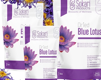 100% Bio-ägyptischer Blauer Lotus, Premium Blaue Lotusblüten, Nymphaea caerulea in wiederverschließbaren Druckverschlussbeuteln.