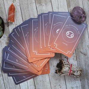 Cancer Affirmations Oracle Card Deck, indie astrology divination birthday gift for best friend, zodiac meditation messages for her