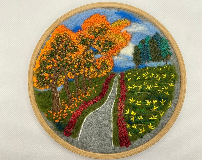 Cosy Road Embroidery | Handmade Finished Embroidery | Nature | Wall hanging | Decoration Gift | Hoop Art | Framed Handmade Hoop