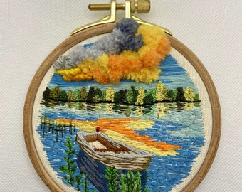 Seascape and a Boat Embroidery  | Handmade Finished Embroidery | Nature | Wall hanging | Decoration Gift | Hoop Art | Mother's Day Gift