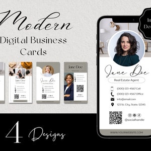 Editable Digital Business Card Template - 4 Designs Included with QR code instructions - Great for Real Estate Agents, Business Owners, Etc