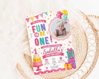 Fun to Be One Invite DIY Girl Birthday Invitation, Girl First Birthday, Pink Photo Birthday Invite, Editable One Year Birthday Party Invite
