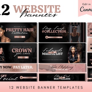 Website Banner Kit Template - Luxury DIY Web Design for Shopify Wix Hair Extensions or Wig Boutique - Black and Rose Gold Canva Template