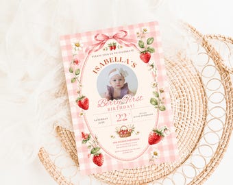 Berry First Birthday Invitation Template, Strawberry Birthday Invite, Pink Gingham Canva Editable Girl Party
