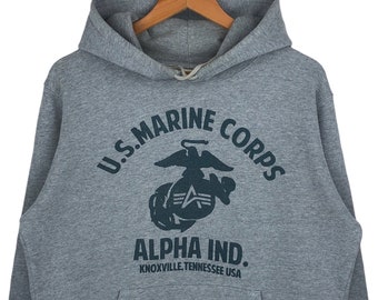 vintage Alpha Industries US Marine Corps Spell Out gros logo Rare gris sweat à capuche et sweat-shirts M