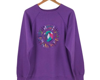 Vintage 90s Toucan Bird Animal Big Logo Hanes Her Way Purple Sweatshirt USA XL