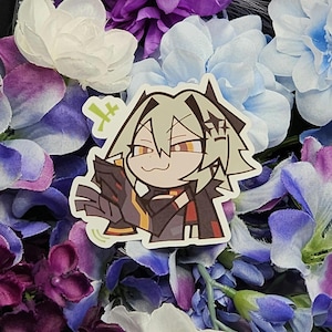 May include: A sticker featuring a cartoon character with green hair, wearing a black and red outfit, holding a bottle. The character has a surprised expression and is surrounded by purple, blue, and white flowers.