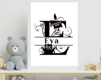 Eva Name Initial Cat Print, Personalized Nursery Decor (PDF)