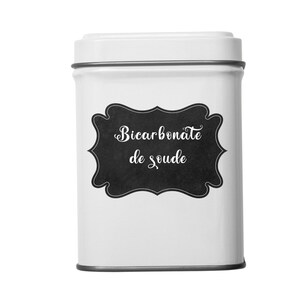 May include: White metal tin with a black label that reads "Bicarbonate de Soude".