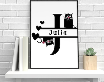 Personalized Initial Cat Poster, Julia Name Print (PDF)