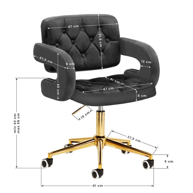 Chaise vert, gris, noir avec piètement doré à roulettes image 8