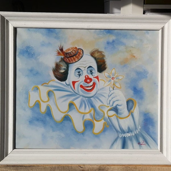 Peinture de clown vintage huile sur toile par Masson signée et encadrée