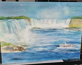 Hornblower Niagara Cruises, Niagarafälle, Ontario, Kanada, auf Leinwand gedruckt, einzigartige Kunst, Künstlerin Irene MacKenzie.