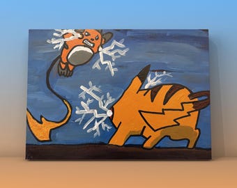 Handpainted Pikachu vs Raichu Pokemon Canvas Art