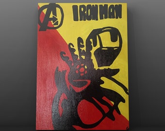 Iron Man Silhouette: Black Ink Acrylic Painting on Stretched Canvas
