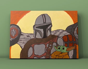 Handpainted Mandalorian and Grogu Canvas Art (40cm x 30cm)