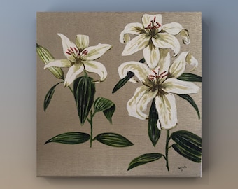 White Lilies – Hand Painted Acrylic Floral Artwork on Wooden Plywood
