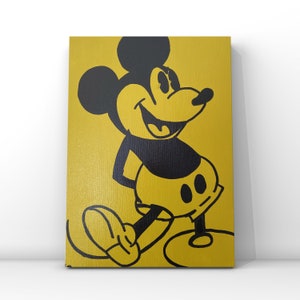 Mickey Mouse - Silueta en tinta negra con fondo acrílico sobre lienzo estirado (30 cm x 40 cm x 1,5 cm)