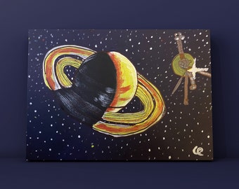 Voyager II Orbits Saturn Handpainted Acrylic on Stretched Canvas (40cm x 30cm x 1.5cm)