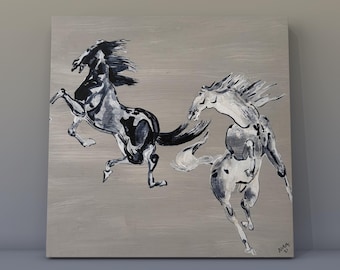Handpainted Galloping Horses Acrylic Painting: Monochrome Equine Art