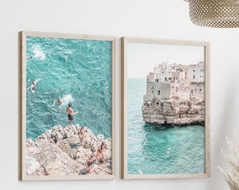 Puglia set of two prints, Polignano a Mare Italy printable Mediterranean coastal 2 piece wall art, Coastal gallery set, beach photography