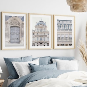 Paris architecture set of 3 prints, French gallery wall set, Paris wall art, blue door photography, The Louvre, Neutral poster set